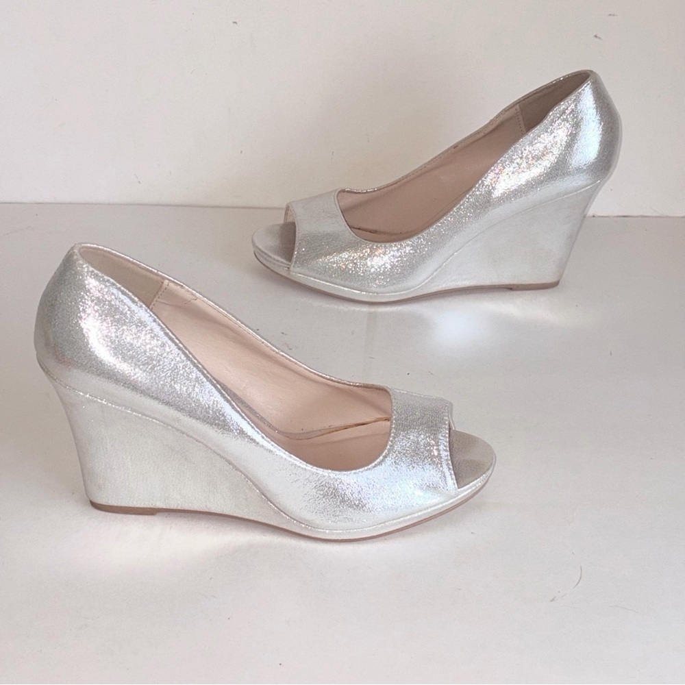 Manhattan Collection Metallic Silver Peep Toe Wedge Heel Slip On Shoes